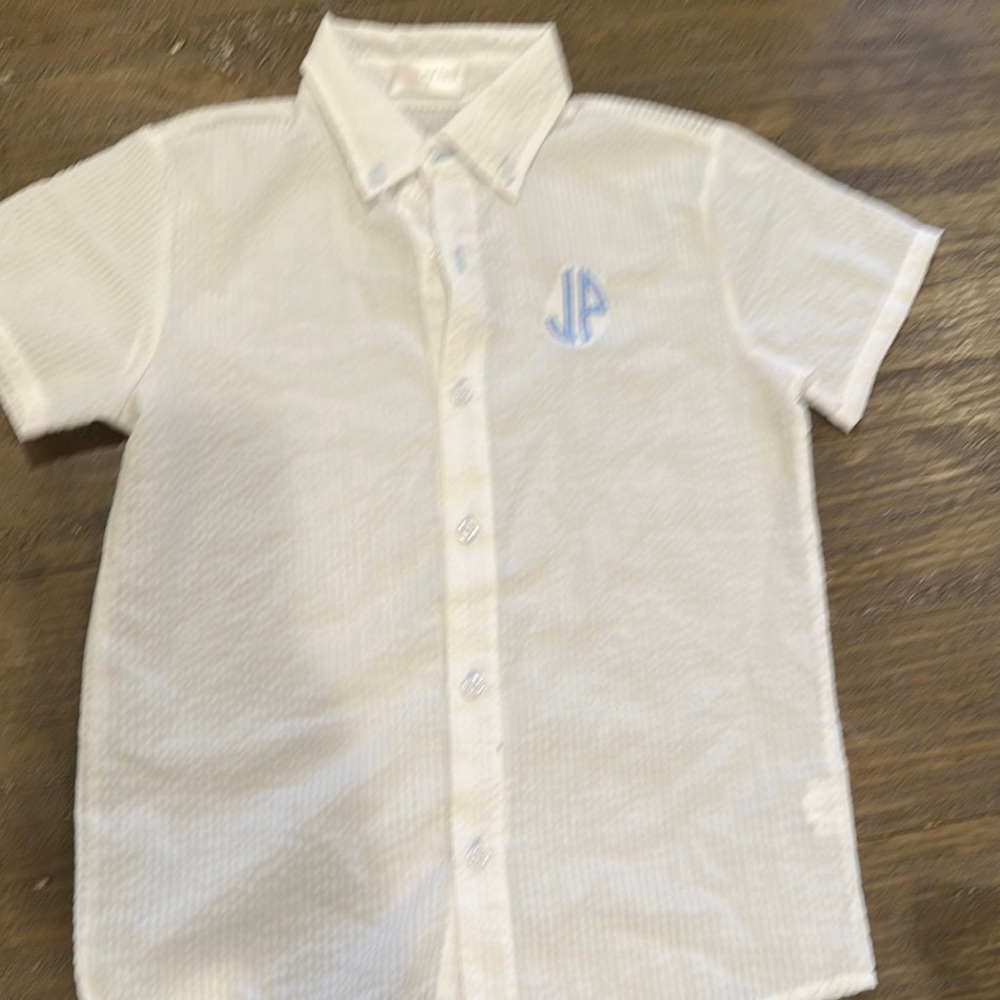 White Button Down Kids Shirt Embroidered “JP”